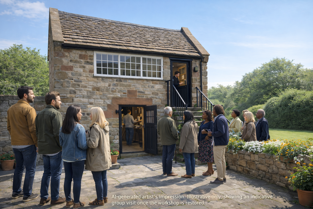 AI-generated artist’s impression. Illustrative only, showing an indicative group visit once the workshop is restored.